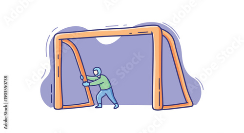 Cartoon illustration of a determined goalkeeper standing in a soccer goal, ready to defend, representing sports, competition, and teamwork.