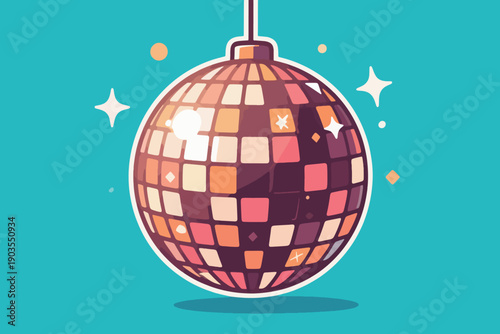 Colorful disco ball with sparkling tiles and star effects on teal background, symbolizing dance, celebration, and retro nightlife.