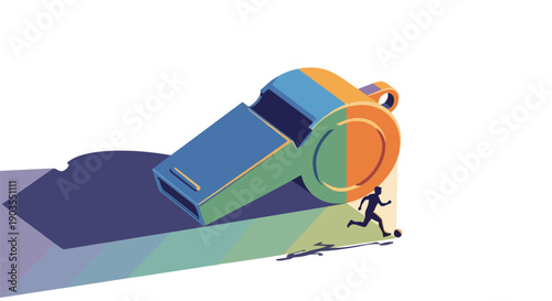 Giant whistle looms over tiny soccer player running on a field, symbolizing sports or authority