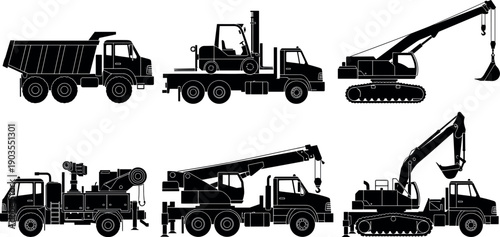 Heavy construction truck silhouette collection with dump truck crane forklift excavator and lifting machinery, industrial transport equipment illustration isolated on white background