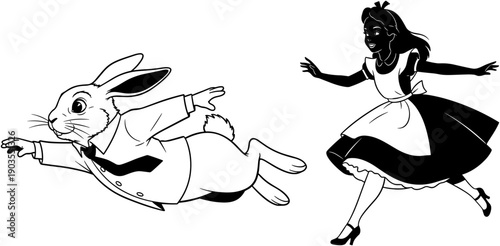 Alice in Wonderland running with White Rabbit in vest and tie, black and white storybook style vector illustration, fairy tale.