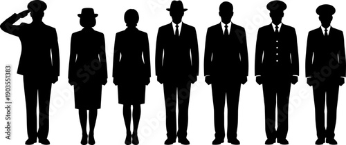 Set of professional silhouettes including military officer, police, business people, and airline pilot in black isolated on white background.