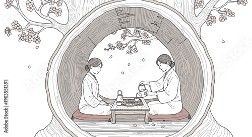 Peaceful Traditional Tea Ceremony Inside a Hollow Tree Trunk Illustration