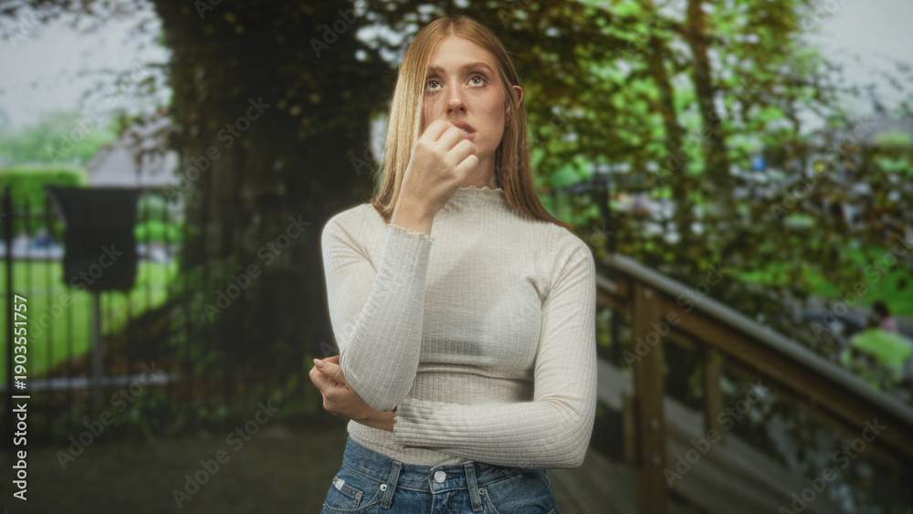 Obraz premium Woman with hand to mouth and crossed arm by wooden railing on park walkway wearing cream sweater and jeans; thoughtful solitude.