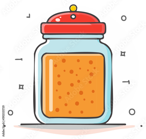 Delightful doodle style square glass jar brimming with a bright orange textured substance and a distinct red lid