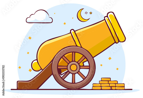 Golden vintage cannon with cannonballs and crescent moon in the sky