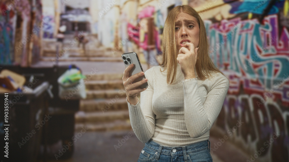 Fototapeta premium Young redhead woman on street steps holding smartphone, biting finger with pensive gesture near graffiti covered wall and trash bins; concern uncertainty.