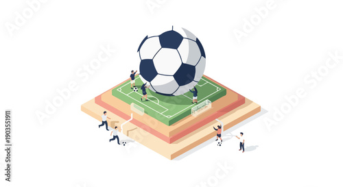 Isometric illustration of a giant soccer ball on a miniature field with tiny players, representing the sport's popularity