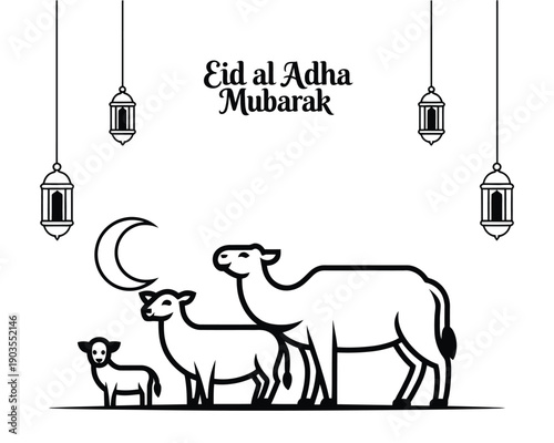 A black and white illustration of a family of goats with Eid al Adha Mubarak text and lanterns