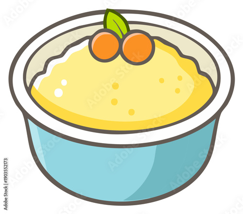Cartoon illustration of a bowl of yellow porridge topped with fruits and a leaf.