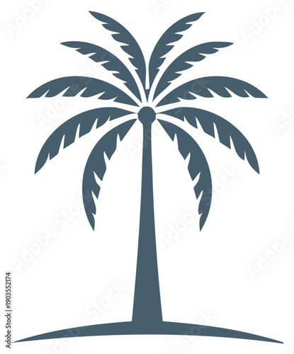Stylized palm tree silhouette with broad fronds and a slender trunk on a gentle grassy slope