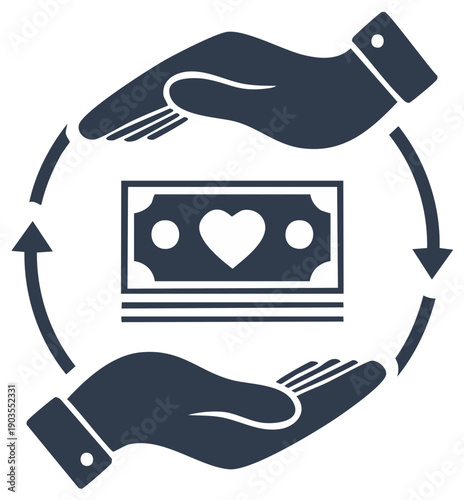 Donation concept icon with giving hands rotating around money with heart sign