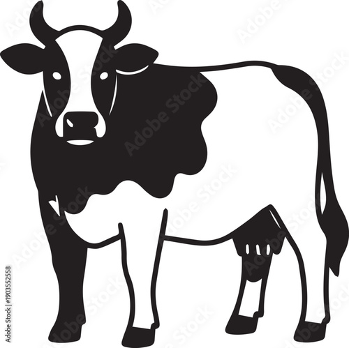 A stylized monochrome cow illustration, presented with a clean and minimalistic design.