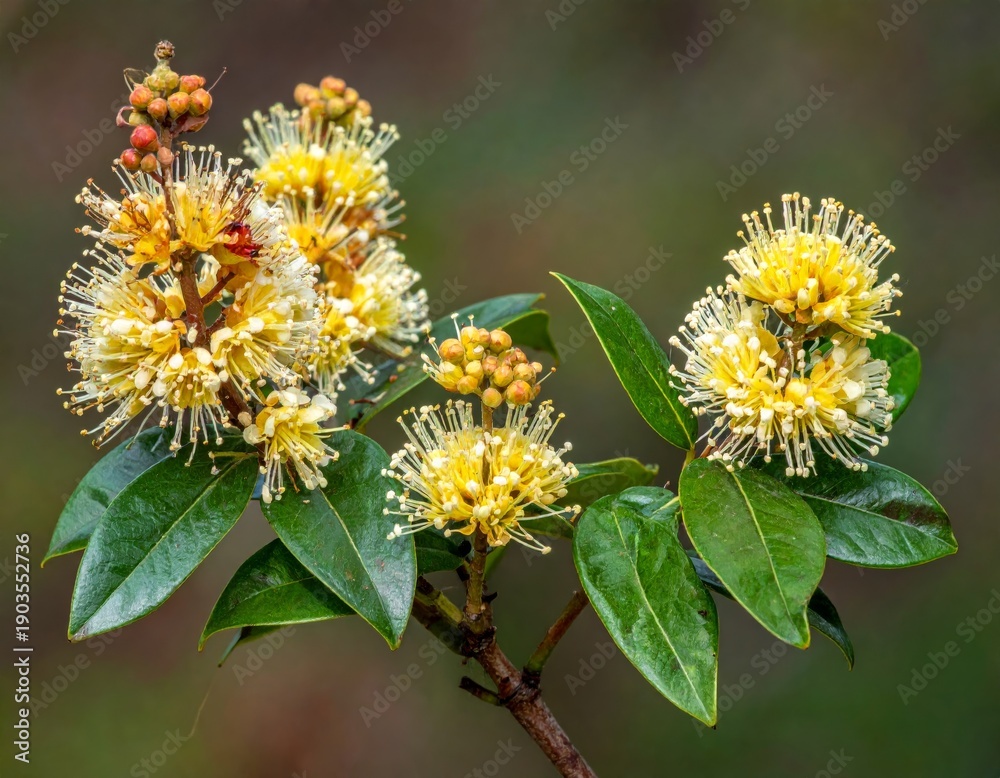 Obraz premium Shrub of Fraser Photinia Little Red Robin with flowers