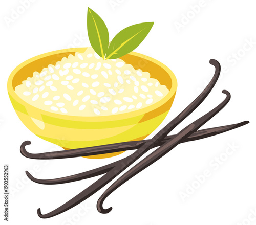 Aromatic Vanilla Beans and a Yellow Bowl of Vanilla Pudding with Green Leaves Illustration