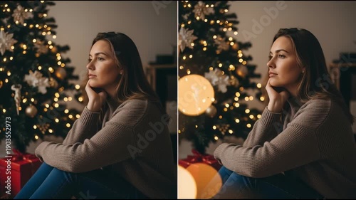Woman contemplating near festive holiday decorated tree with warm lights