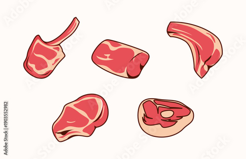 Meat Cuts Food Illustration Set, Butcher Steak Cooking Vector Bundle