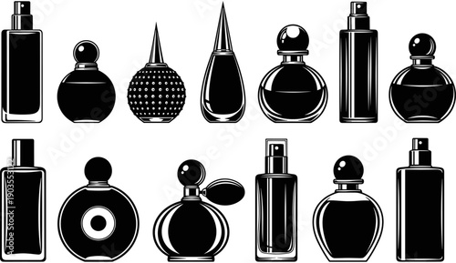 Vector set of luxury perfume bottle silhouettes, elegant cosmetic fragrance packaging icons, various glass bottle shapes for beauty branding design