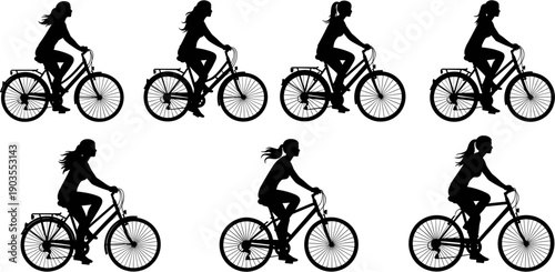 Silhouette set of women riding bicycles, female cyclists commuting and exercising, black vector icons of girl on bike for transport