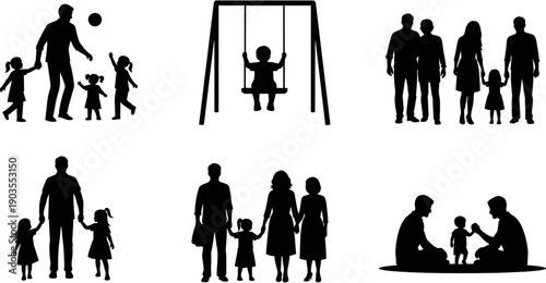 Family silhouette set including parents and children playing, walking together, and sitting, icons for parenting, childhood, and happy family life