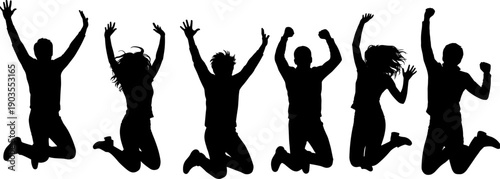 Silhouette of happy diverse people jumping in air, celebrating success, group of friends or coworkers feeling free and energetic together