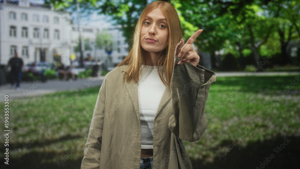 Fototapeta premium Woman shifting from shushing to pointing finger at camera in front of building, wearing beige jacket and white crop top, urban park lawn behind; firm warning.