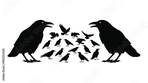 Two black ravens with a flock of birds in between them Vector