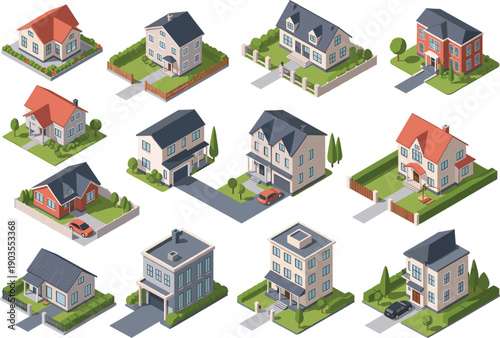 Isometric residential houses vector set with modern suburban homes property buildings streets and neighborhood architecture collection