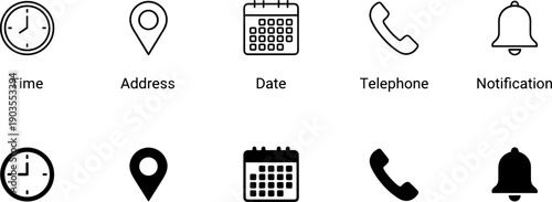 Essential business contact icon set featuring time clock, address location pin, calendar date, telephone handset, and notification bell symbols.