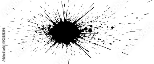Abstract black ink splatter with sharp liquid spray and messy paint explosion, artistic grunge burst for graphic design backgrounds.