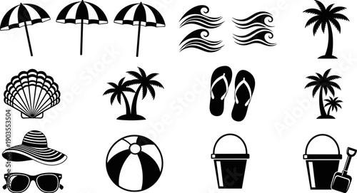 Summer beach vacation silhouette collection featuring palm trees, umbrellas, sea waves, flip flops, sun hat, sunglasses, and sand bucket icons.