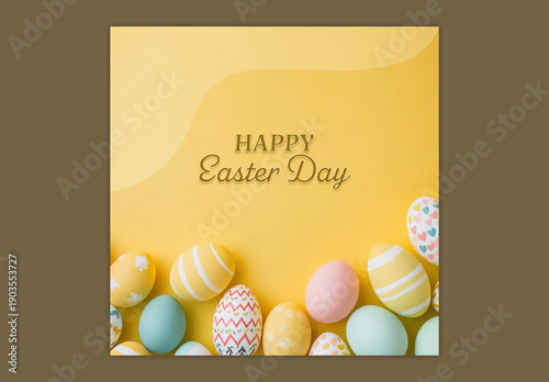 Editable Happy Easter Day Greeting Social Media Post with Colorful Painted Eggs Decorated on Yellow Background.