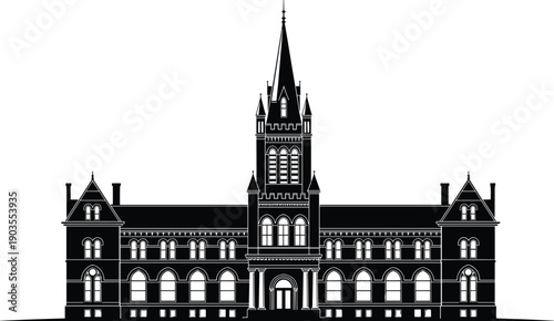 Historic building silhouette, ornate architecture illustration, university courthouse design, government structure graphic, symmetrical tower icon, black and white artwork