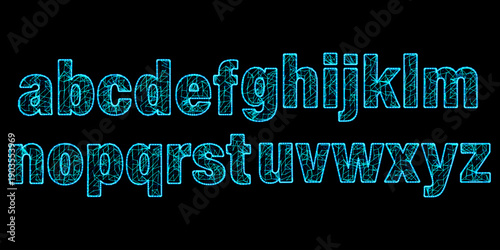Modern Lowercase Alphabet a to z in Blue Mesh Wireframe Style with Individual Vector Groups for App and Software Design