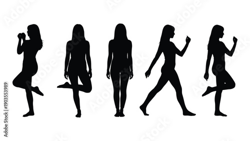 Five silhouettes of women showcasing different poses and styles Vector
