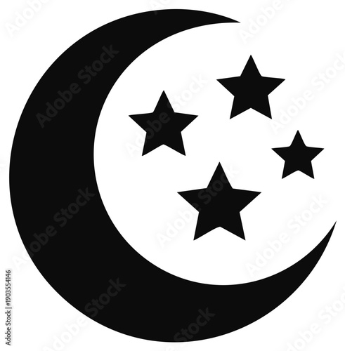 Stylized Crescent Moon and Four Stars Black Silhouette on White