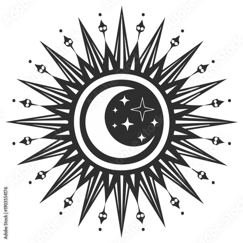 Ornate Celestial Sun with an Inner Crescent Moon and Stars Black and White Graphic