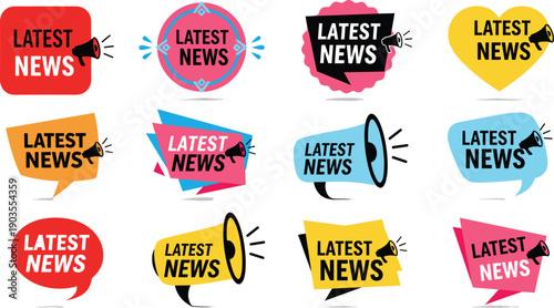 Latest news graphic set, colorful megaphone icons, bold text designs, media update labels, social platform announcement illustrations