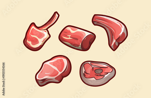 Cute Meat Cuts Vector Set, Cartoon Butcher Steak Food Illustration Bundle