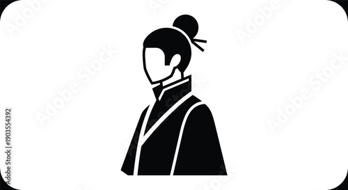 Black silhouette of a traditional Japanese samurai warrior with a top knot bun hairstyle isolated on a white background for Asian cultural concepts