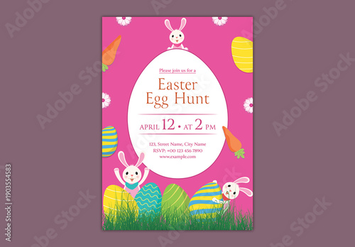 Editable Easter Egg Hunt Party Invitation Flyer Design with Festival Elements on White and Pink Background.