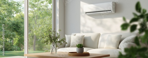 Bright minimalist living room with white air conditioning unit over a sofa, featuring a window view of a lush green garden, concept for energy efficiency, indoor relaxation and architectural housing