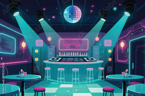 Futuristic nightclub interior with DJ booth, neon lights, disco ball, drinks on tables, and vibrant party atmosphere.