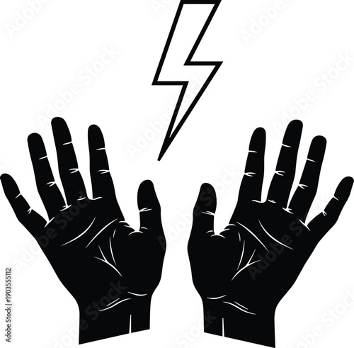 Black silhouette of human hands reaching toward a lightning bolt isolated on white background concept of energy power healing electric shock and supernatural strength
