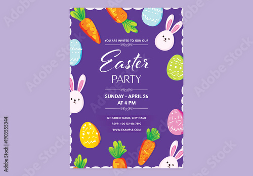 Editable Easter Party Invitation Flyer Design with Festival Elements on Purple Background.