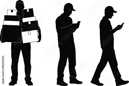Black silhouette set of a delivery man carrying a stack of cardboard boxes and couriers using smartphones for logistics tracking isolated on white background.