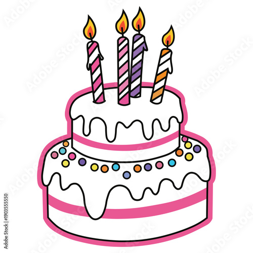 Colorful cartoon illustration of a twotiered birthday cake with lit candles on top