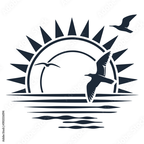 Black and white of birds flying over a sun and water