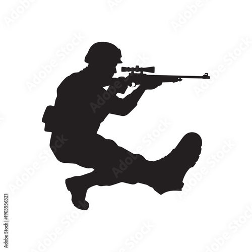 Military Sniper Silhouette in Crouching Pose Aiming Long Range Precision Rifle Illustration.
