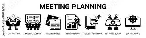 Meeting Planning web banner icon vector illustration concept with icon of team meeting, meeting agenda, meeting notes, review report, feedback summary, planning board, and status update.
